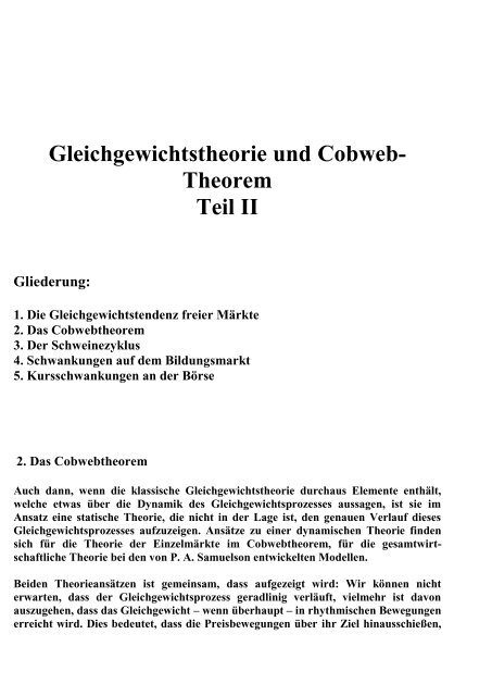 Gleichgewichtstheorie und Cobweb- Theorem Teil II Gliederung