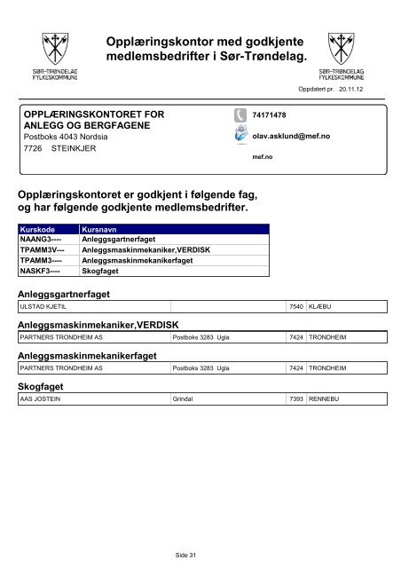 OpplÃƒÂ¦ringskontor med godkjente medlemsbedrifter i SÃƒÂ¸r-TrÃƒÂ¸ndelag.