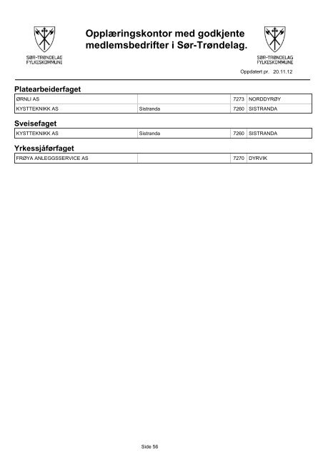 OpplÃƒÂ¦ringskontor med godkjente medlemsbedrifter i SÃƒÂ¸r-TrÃƒÂ¸ndelag.