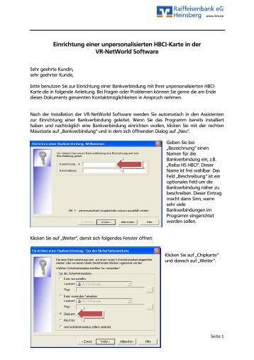 Einrichtung einer HBCI-Datei auf der VR-NetWorld Card