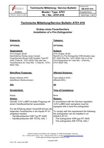 Technische Mitteilung/Service Bulletin AT01-016 - AQUILA Aviation