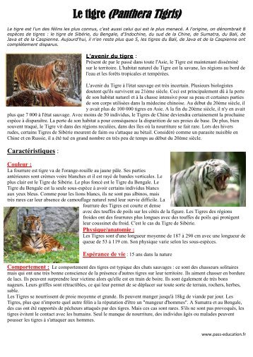 Le tigre (Panthera Tigris) - Pass Education