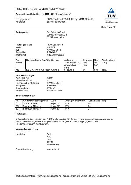 GUTACHTEN zur ABE Nr. 48507 nach Â§22 StVZO Anlage 2 zum ...