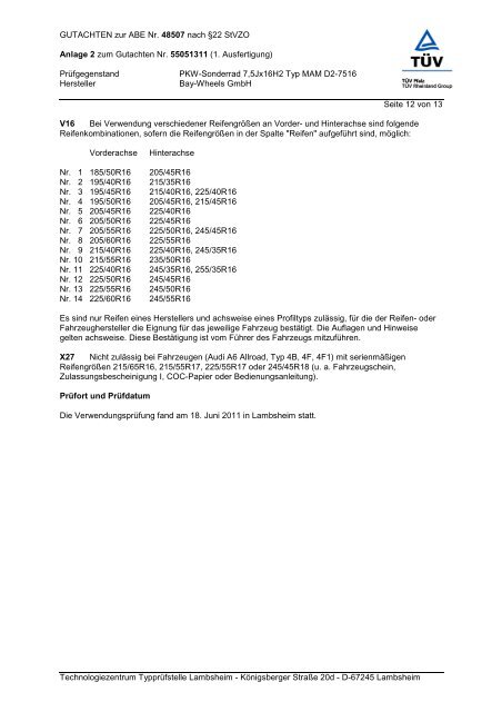 GUTACHTEN zur ABE Nr. 48507 nach Â§22 StVZO Anlage 2 zum ...