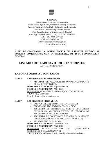 LISTADO DE LABORATORIOS INSCRIPTOS - Senasa