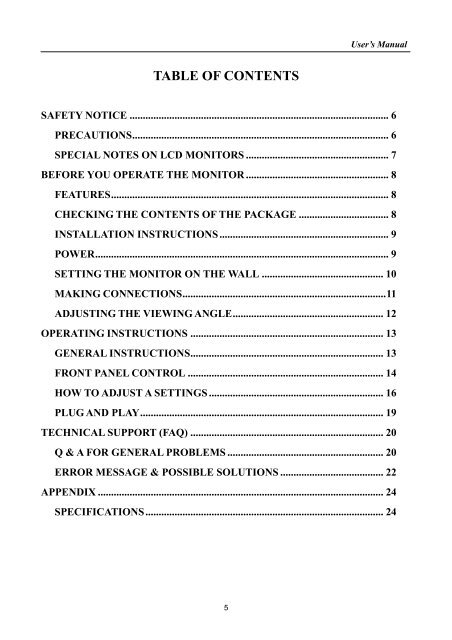 TABLE OF CONTENTS - Hannspree