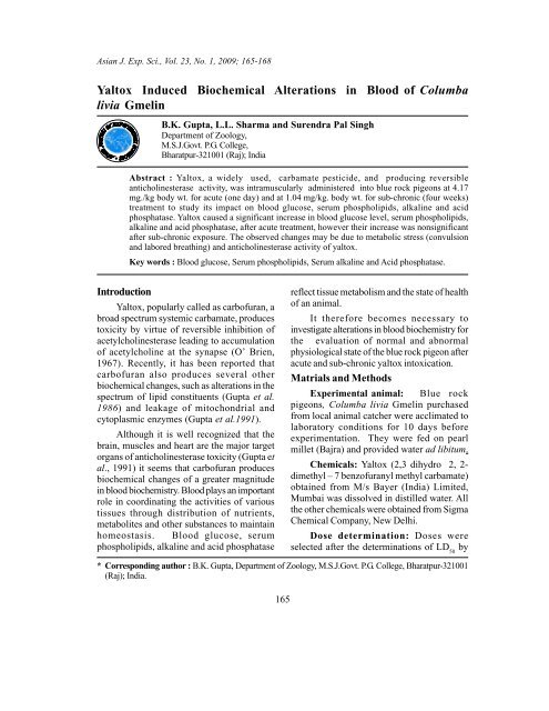 Yaltox Induced Biochemical Alterations in Blood of Columba