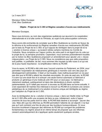 Lettre - RÃ©seau juridique canadien VIH/sida