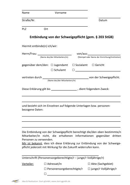 Entbindung von der Schweigepflicht (gem. Â§ 203 StGB) - Fachstelle