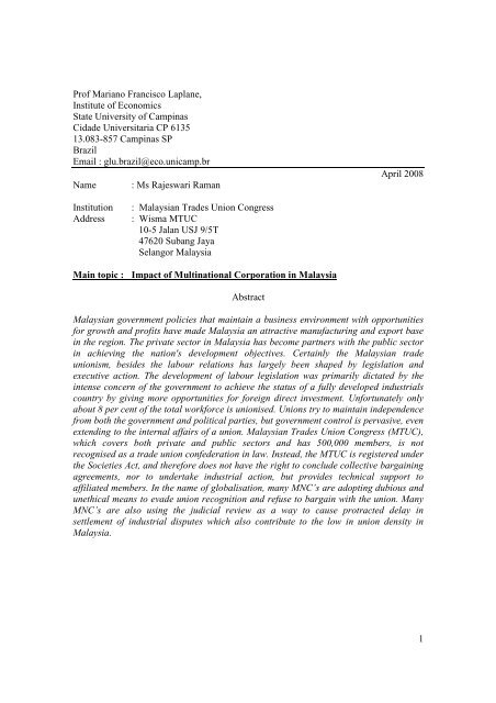Impact Of Multinational Corporation In Malaysia By Rajeswari Raman
