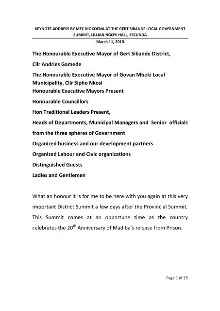 The Honourable Executive Mayor of Gert Sibande District, Cllr ...