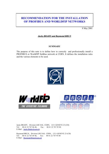 recommendation for the installation of profibus and worldfip ... - CERN