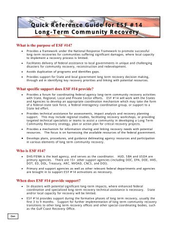 Quick Reference Guide for ESF #14 Long-Term Community Recovery