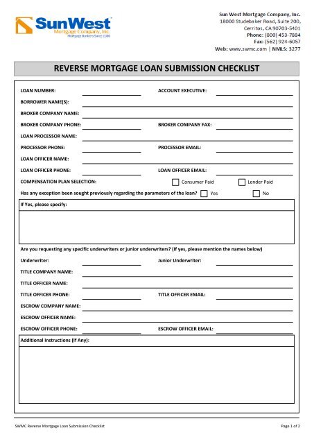 reverse mortgage loan submission checklist - SWMC.com - Sun ...