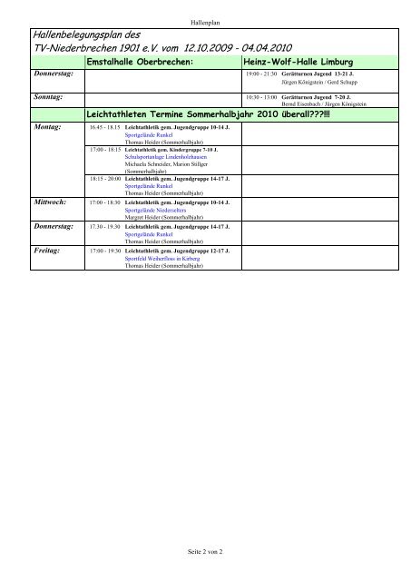 Hallenbelegungsplan des TV-Niederbrechen 1901 e.V. vom 12.10 ...