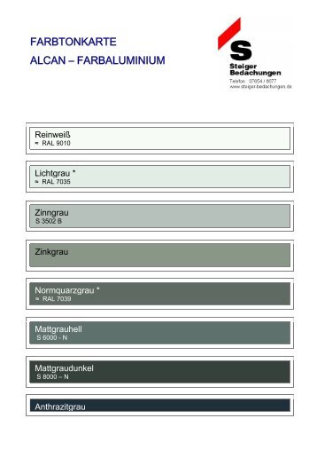 farbtonkarte alcan – farbaluminium - bei Steiger Bedachungen