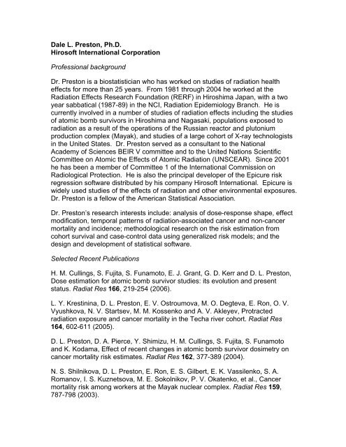 Dale L. Preston, Ph.D. Hirosoft International Corporation - Radiation ...