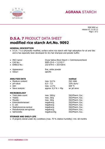 AGRANA STARCH D.S.A. 7 PRODUCT DATA SHEET modified rice ...