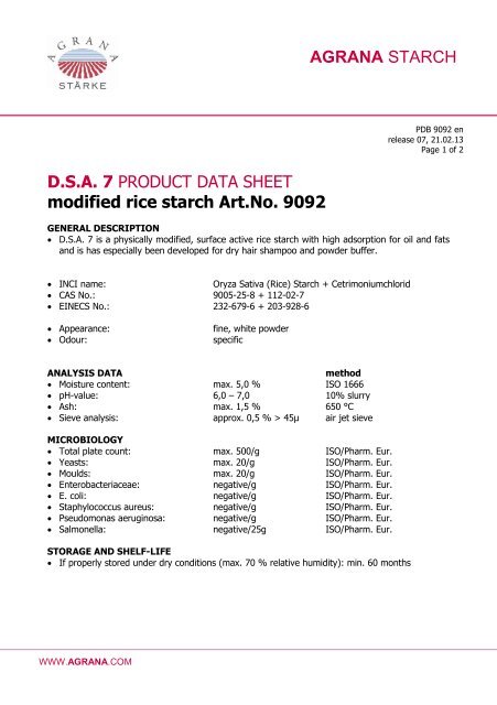 AGRANA STARCH D.S.A. 7 PRODUCT DATA SHEET modified rice ...