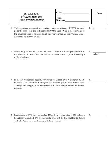 2012 AEA 267 6th Grade Math Bee Team Problem Solving