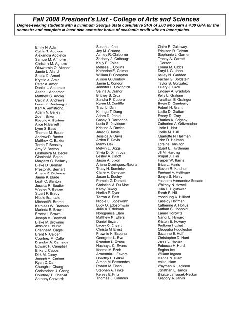 Fall 08 President S List College Of Arts And Sciences Fall 08 President S List College Of Arts And Sciences