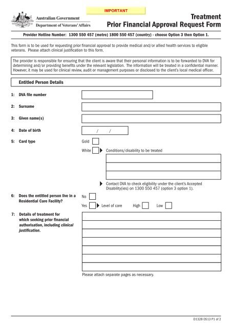 D1328 Treatment prior financial approval request form