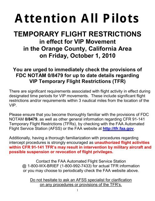 TEMPORARY FLIGHT RESTRICTIONS in effect for VIP Movement in ...