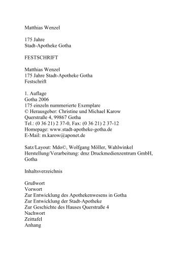 Matthias Wenzel 175 Jahre Stadt-Apotheke Gotha FESTSCHRIFT ...