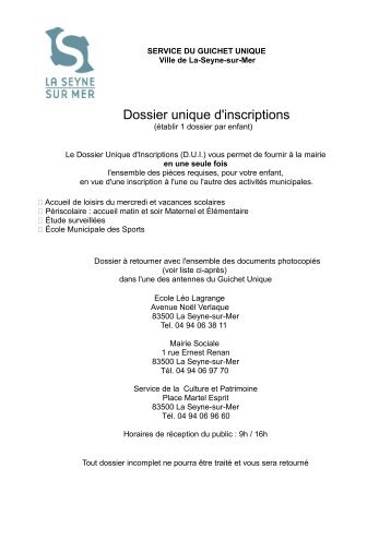 Dossier unique d'inscriptions - La Seyne-sur-Mer