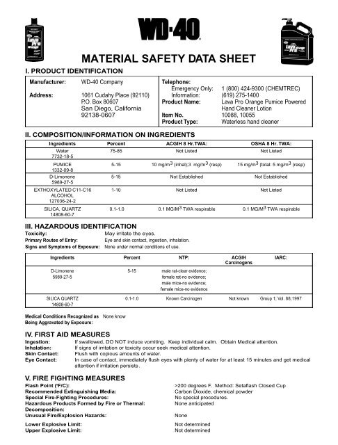 MATERIAL SAFETY DATA SHEET - WD-40 Company