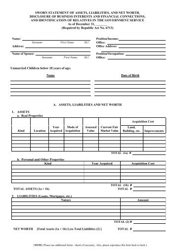 Sworn Statement of Assets, Liabilities, and Net Worth, Disclosure of ...