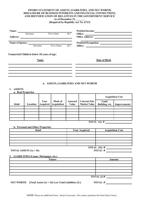 Sworn Statement of Assets, Liabilities, and Net Worth, Disclosure of ...