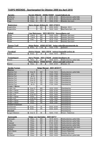 TUSPO WEENDE - Sportangebot für Oktober 2009 bis April 2010