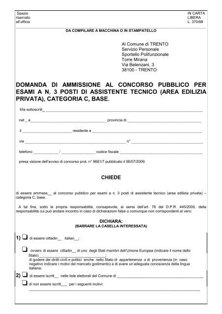 domanda di ammissione al concorso pubblico per esami a n. 3 posti ...