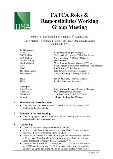 FATCA Roles & Responsibilities Working Group Meeting - TISA