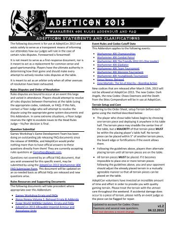 AdeptiCon 2013 Warhammer 40K Rules Addendum and FAQ v1.1