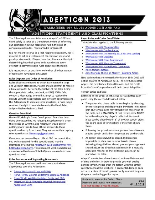 AdeptiCon 2013 Warhammer 40K Rules Addendum and FAQ v1.1