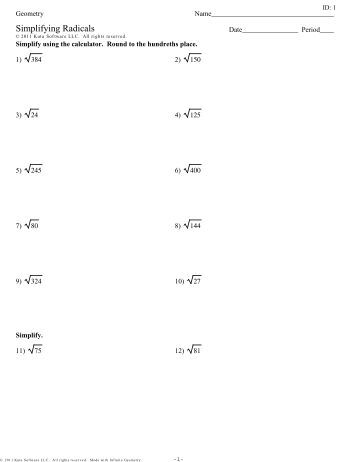 Geometry G - Radical Worksheet 1 Simplify each radical.