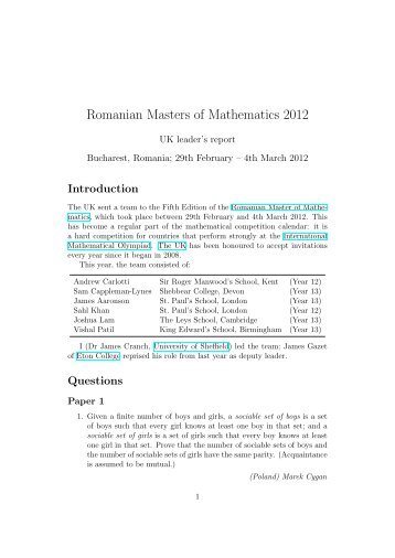 Romanian Masters of Mathematics 2012 - UK IMO Register
