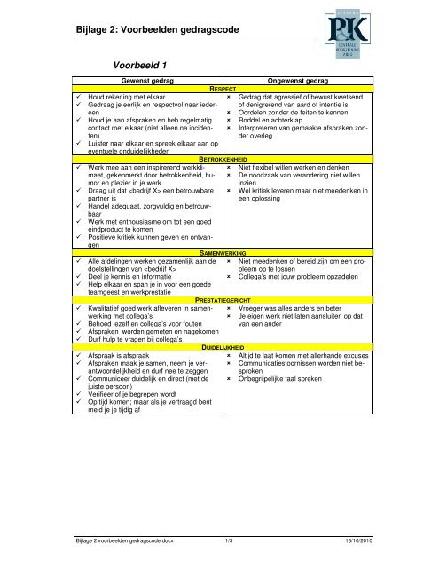 Bijlage 2: Voorbeelden gedragscode Voorbeeld 1