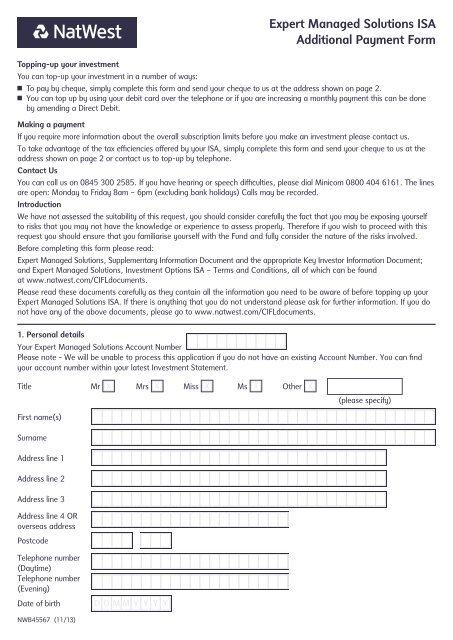 ISA Additional Payment Form (PDF, 248KB) - NatWest