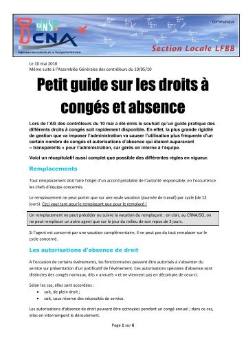 Petit guide sur les droits Ã  congÃ©s et absence - UNSA ICNA