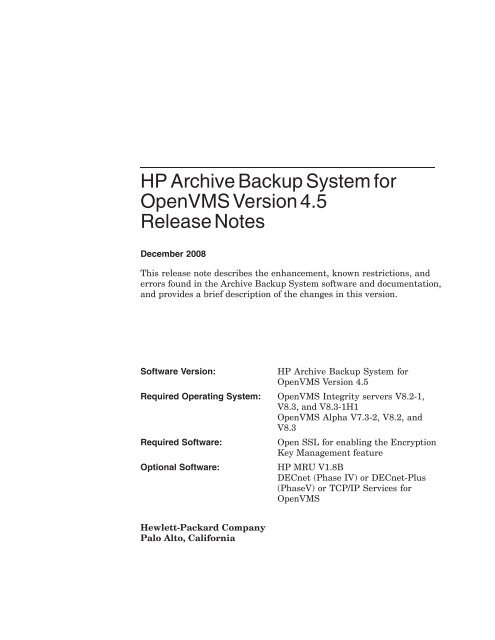 HP Archive Backup System for OpenVMS Version 4.5 Release Notes