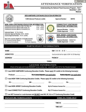 CE Attendance Verification form - Professional Insurance Agents