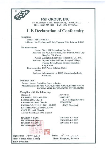 CE Conformity Declaration GEV225 AC DC Power Supply