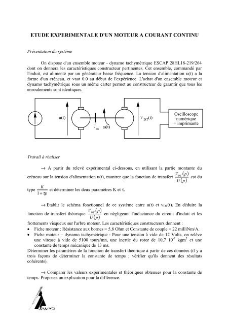 ETUDE EXPERIMENTALE D'UN MOTEUR A COURANT CONTINU