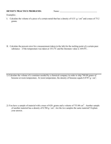 DENSITY PRACTICE PROBLEMS - Avon Chemistry