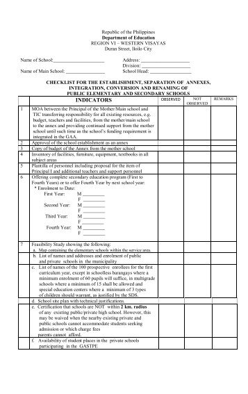 checklist for the establishment, separation of annexes, integration ...