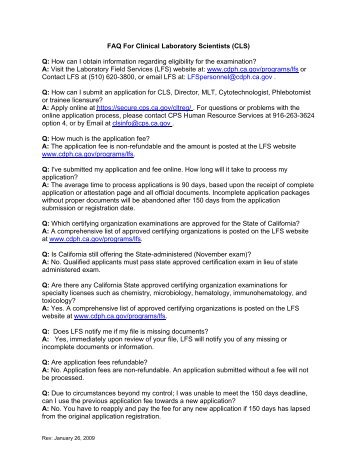 FAQ For Clinical Laboratory Scientists (CLS) - State of California