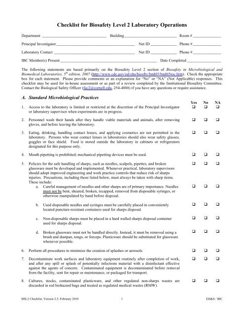 Checklist for Biosafety Level 2 Laboratory Operations